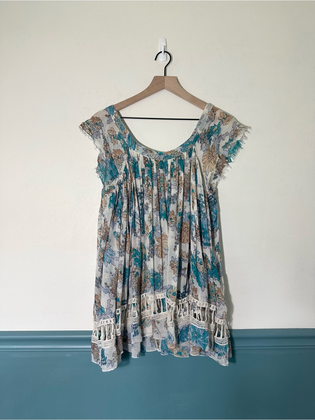 Free People - Boho Floral Crochet Trim Oversixed Tunic - Teal & Beige